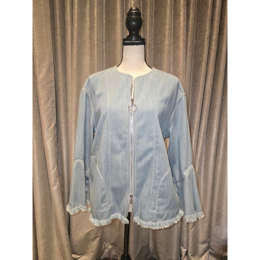 Akris Punto Light Wash Denim Bell Sleeve Fringe Zip Jacket US 8 Light Blue